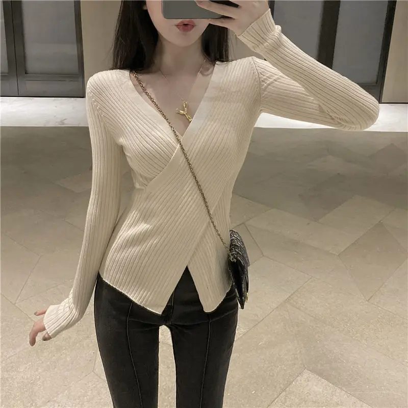 2020 Autumn Winter Women's Knitwear Sexy Across V-Neck Chic Casual Basic Women Sweater Long Sleeve Slim Knitted Pullover - Image 3