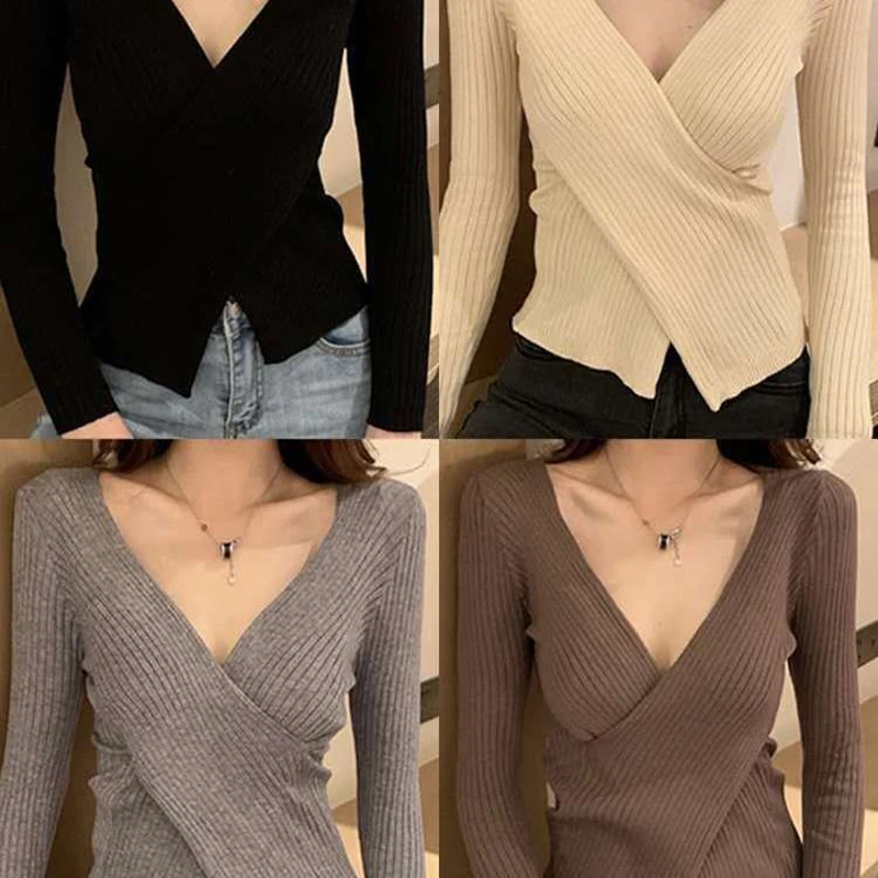 2020 Autumn Winter Women's Knitwear Sexy Across V-Neck Chic Casual Basic Women Sweater Long Sleeve Slim Knitted Pullover - Image 4