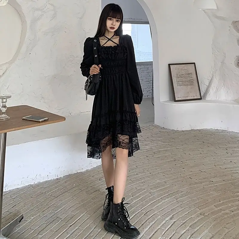 New Gothic Women Black Fairy Party Dress Cross Square Collar Cute Lace Ruffles Chic Dress Spring Summer Dress - Image 5