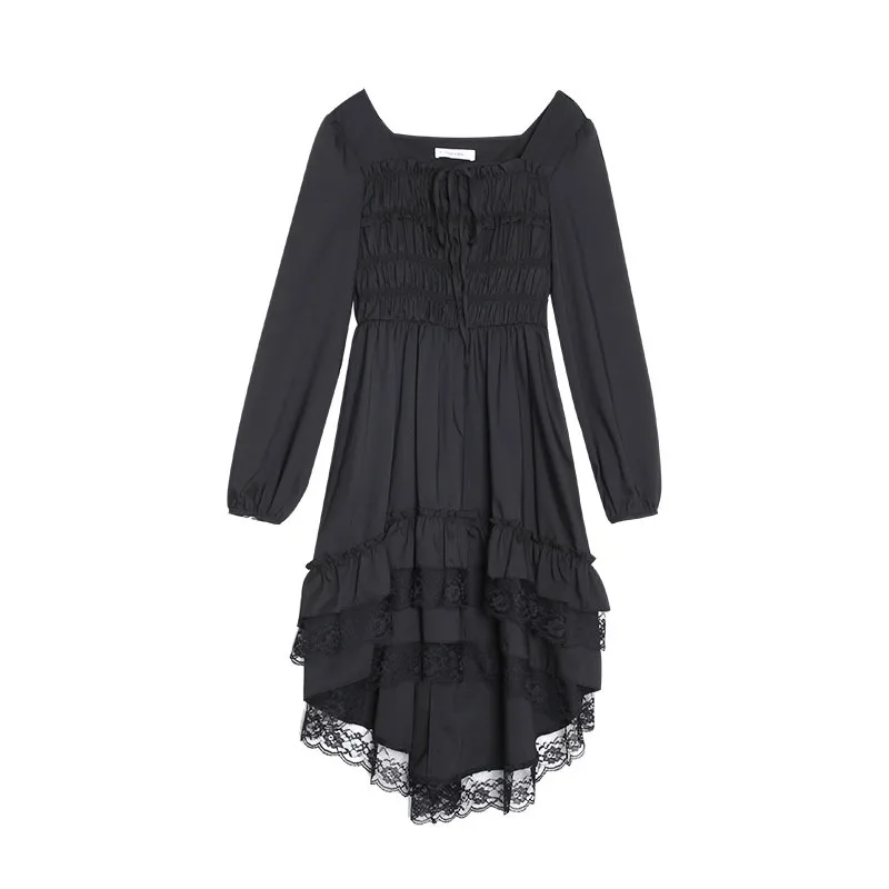 New Gothic Women Black Fairy Party Dress Cross Square Collar Cute Lace Ruffles Chic Dress Spring Summer Dress - Image 6