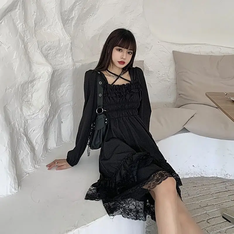 New Gothic Women Black Fairy Party Dress Cross Square Collar Cute Lace Ruffles Chic Dress Spring Summer Dress - Image 4