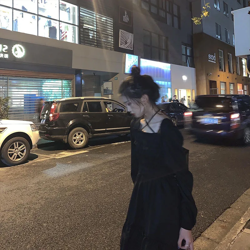 New Gothic Women Black Fairy Party Dress Cross Square Collar Cute Lace Ruffles Chic Dress Spring Summer Dress - Image 2