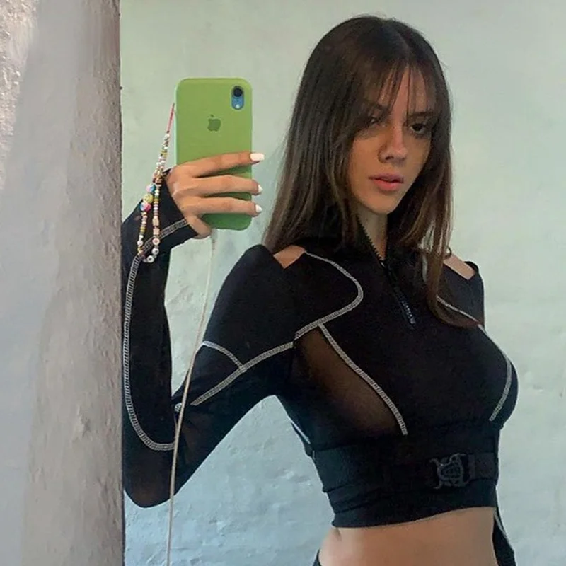 Awen Black Slim Buckle Patchwork Women's T-shirt Women Punk Sexy Open Shoulder Skinny Cropped Tops Techwear Grunge Hip Hop Top