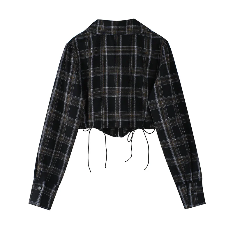 Awen Short Zipper Plaid Shirt for Women Fashion Corset Lacing Long Sleeves Tumdown Collar Korean Lattice Blouse Streetwear Top - Image 2