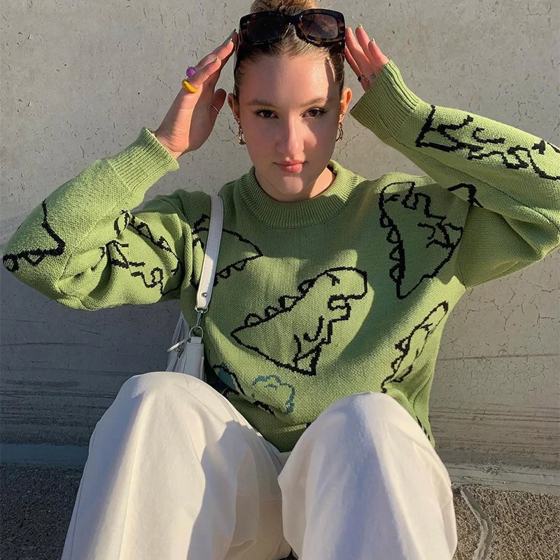 O-Neck Long Sleeve Women's Oversize Sweater Solid Dinosaur Printed Y2k Knitted Sweater Loose Casual Oversized Knitted Pullover - Image 2
