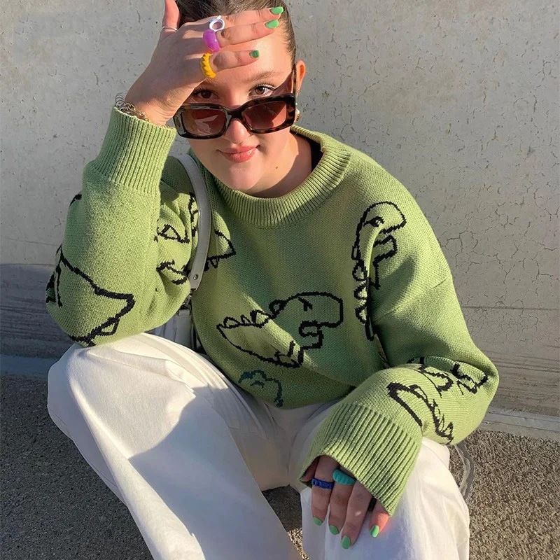 O-Neck Long Sleeve Women's Oversize Sweater Solid Dinosaur Printed Y2k Knitted Sweater Loose Casual Oversized Knitted Pullover - Image 4