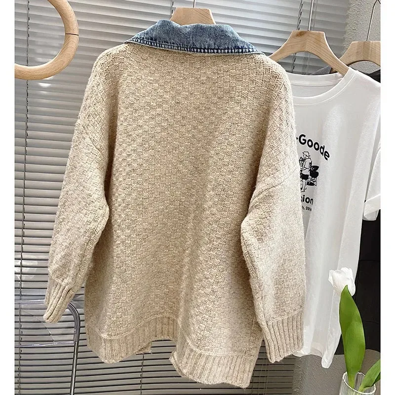 Autumn Winter Women Splicing Denim Jacket Women Long Sleeve Jean Jackets Female Loose Sweater Cardigan Jacket Fashion Leisure - Image 5
