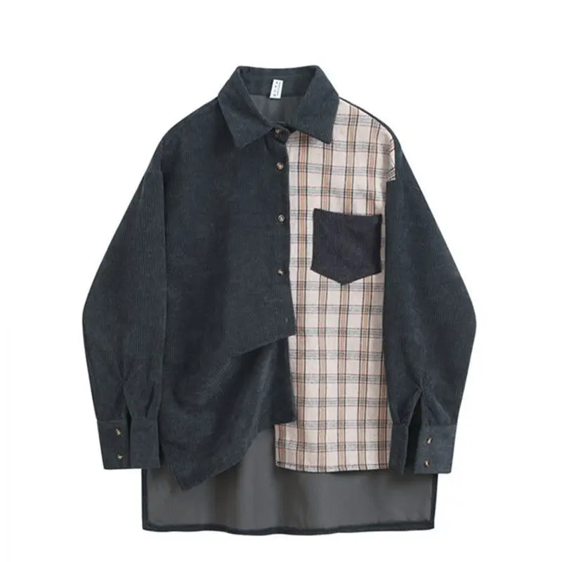 Awen Corduroy Splicing Plaid Shirt for Women Man Fashion Oversized Loose Cardigan Soft Corduroy Korean Lattice Blouse Jacket Top - Image 4