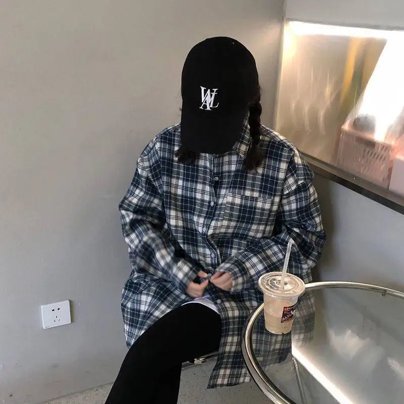 Awen Loose Oversized Plaid Shirts Korean Chic Checked Cardigan Blouses and Tops 2022 New Cotton Checked Lady Casual Outwear - Image 5