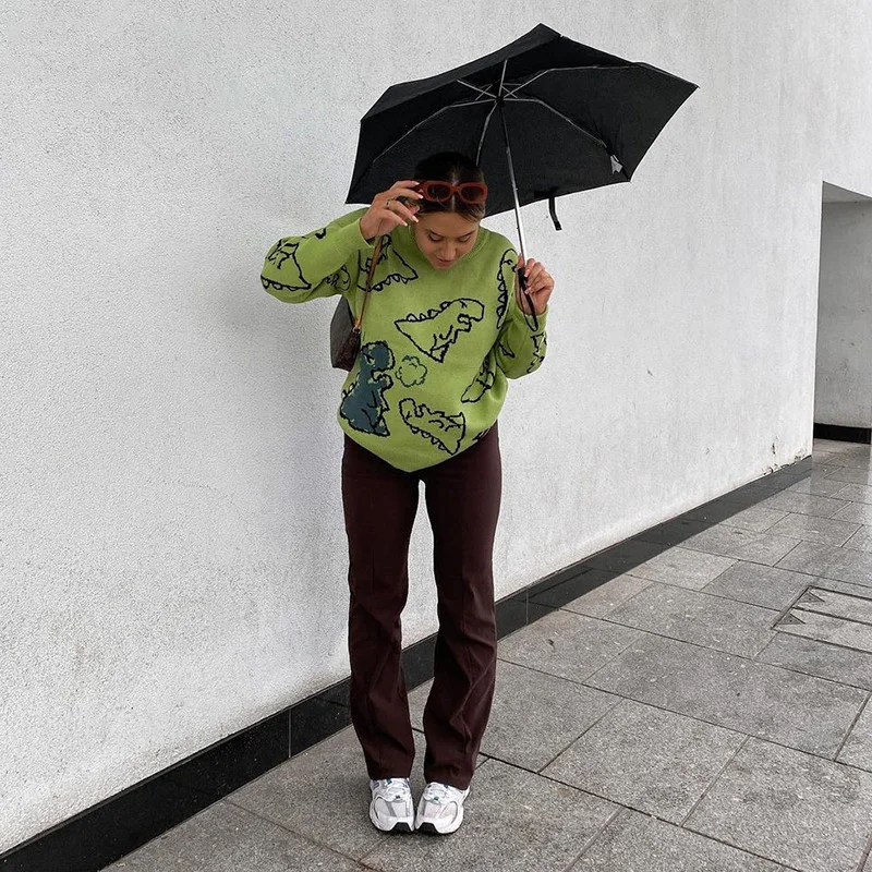 O-Neck Long Sleeve Women's Oversize Sweater Solid Dinosaur Printed Y2k Knitted Sweater Loose Casual Oversized Knitted Pullover - Image 5