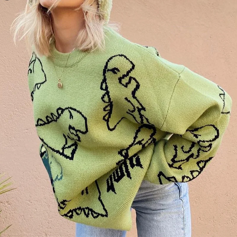 O-Neck Long Sleeve Women's Oversize Sweater Solid Dinosaur Printed Y2k Knitted Sweater Loose Casual Oversized Knitted Pullover - Image 3