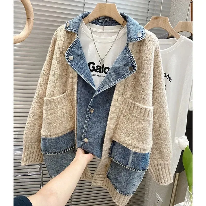 Autumn Winter Women Splicing Denim Jacket Women Long Sleeve Jean Jackets Female Loose Sweater Cardigan Jacket Fashion Leisure - Image 2