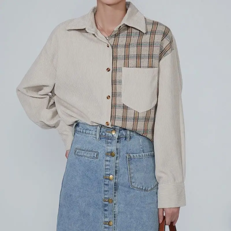 Awen Corduroy Splicing Plaid Shirt for Women Man Fashion Oversized Loose Cardigan Soft Corduroy Korean Lattice Blouse Jacket Top - Image 5