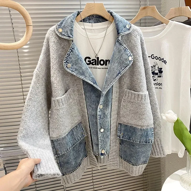 Autumn Winter Women Splicing Denim Jacket Women Long Sleeve Jean Jackets Female Loose Sweater Cardigan Jacket Fashion Leisure - Image 4