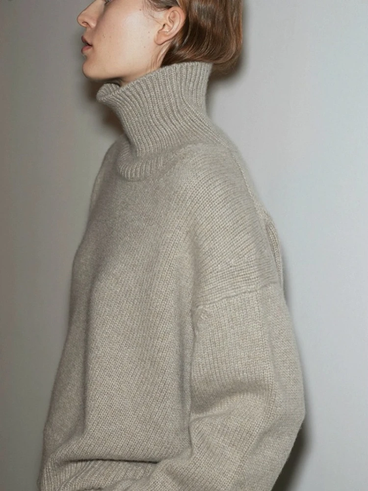 Autumn Winter Thick Cashmere Sweater Women High Neck Pullover Sweater Warm Loose Knitted Base Oversized Lady Vintage Sweater