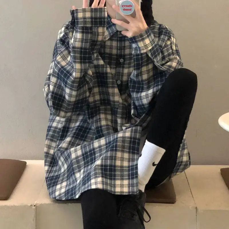 Awen Loose Oversized Plaid Shirts Korean Chic Checked Cardigan Blouses and Tops 2022 New Cotton Checked Lady Casual Outwear - Image 3