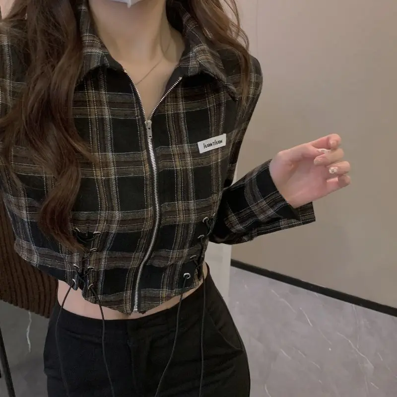 Awen Short Zipper Plaid Shirt for Women Fashion Corset Lacing Long Sleeves Tumdown Collar Korean Lattice Blouse Streetwear Top - Image 3