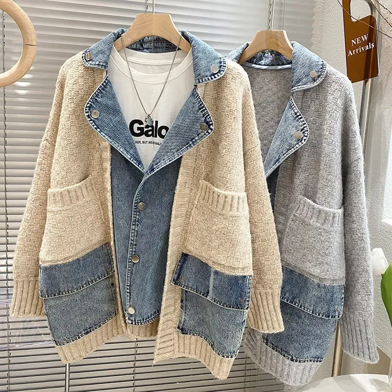 Autumn Winter Women Splicing Denim Jacket Women Long Sleeve Jean Jackets Female Loose Sweater Cardigan Jacket Fashion Leisure