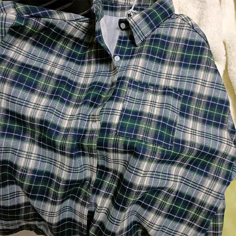 Awen Loose Oversized Plaid Shirts Korean Chic Checked Cardigan Blouses and Tops 2022 New Cotton Checked Lady Casual Outwear - Image 6