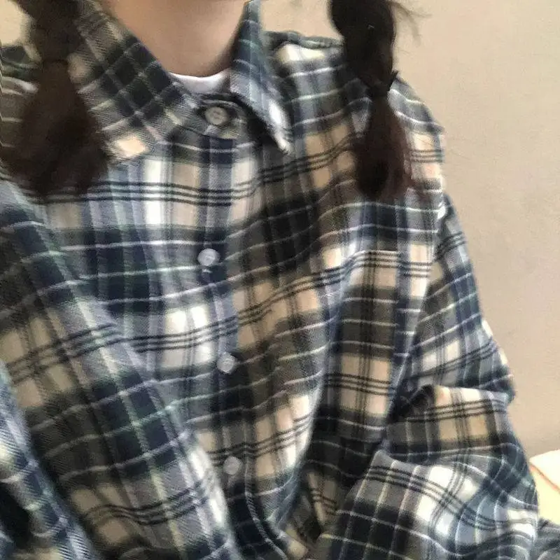 Awen Loose Oversized Plaid Shirts Korean Chic Checked Cardigan Blouses and Tops 2022 New Cotton Checked Lady Casual Outwear - Image 4