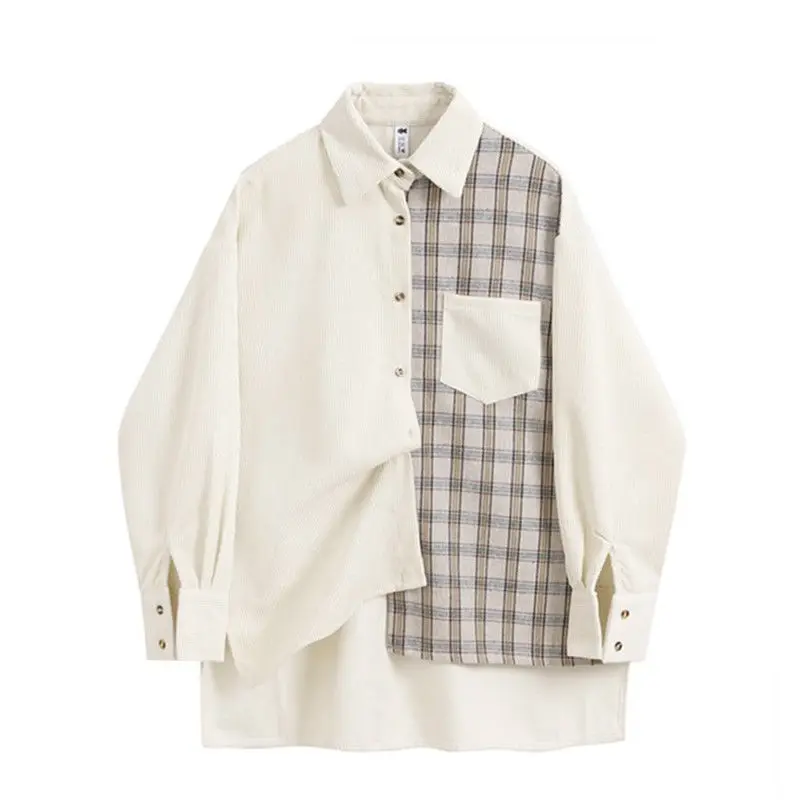 Awen Corduroy Splicing Plaid Shirt for Women Man Fashion Oversized Loose Cardigan Soft Corduroy Korean Lattice Blouse Jacket Top - Image 2