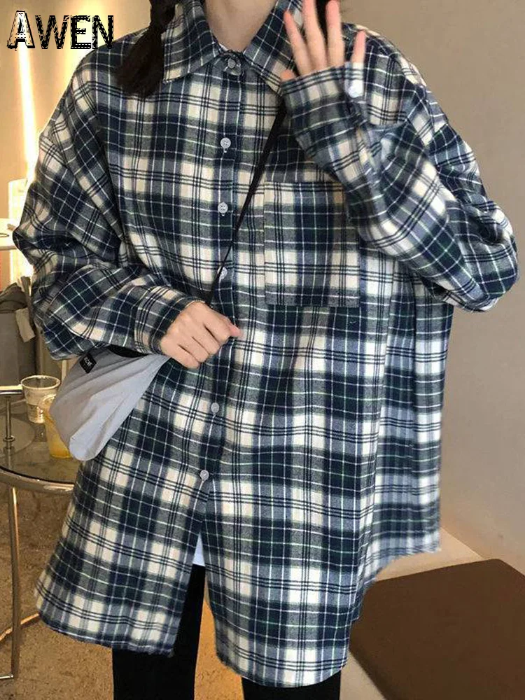 Awen Loose Oversized Plaid Shirts Korean Chic Checked Cardigan Blouses and Tops 2022 New Cotton Checked Lady Casual Outwear - Image 2
