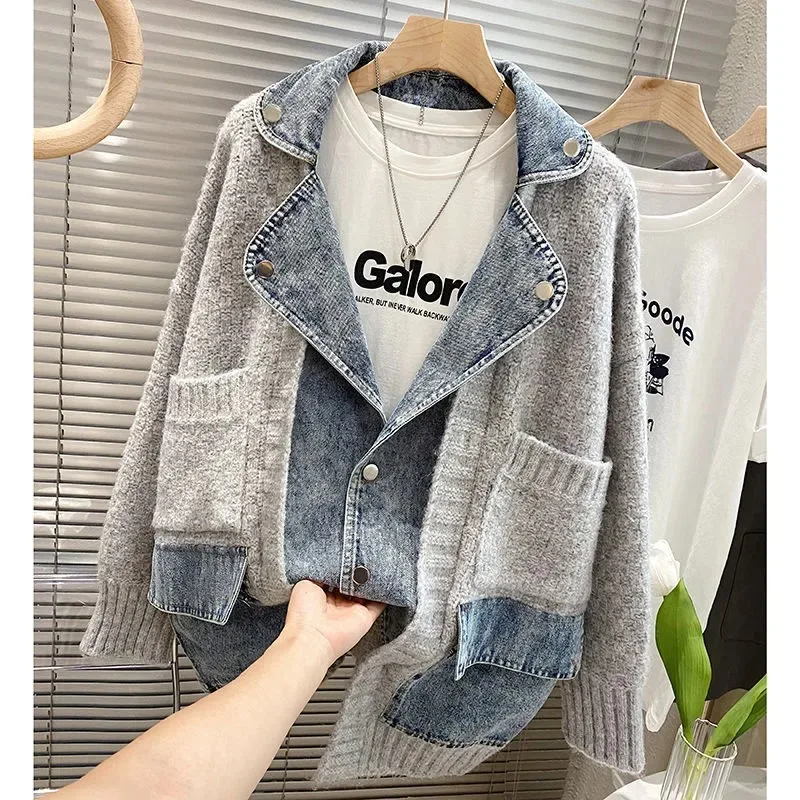 Autumn Winter Women Splicing Denim Jacket Women Long Sleeve Jean Jackets Female Loose Sweater Cardigan Jacket Fashion Leisure - Image 3